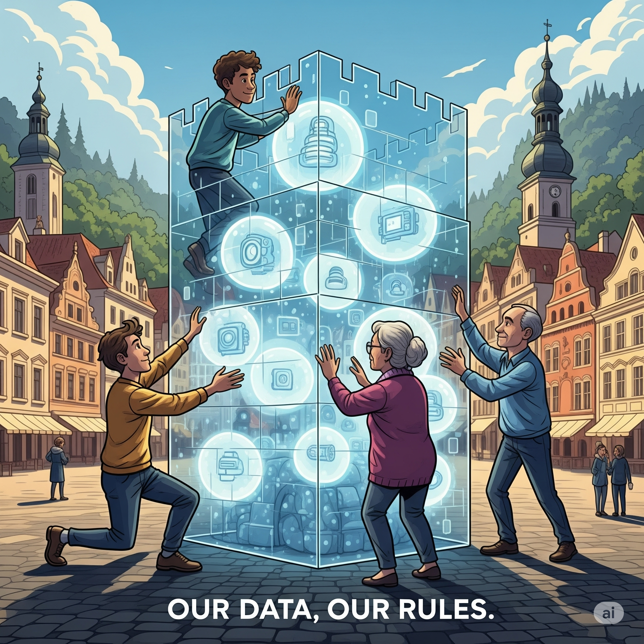 Illustration of a community building a digital fortress with the slogan Our Data, Our Rules.